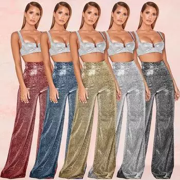 Женские широкие брюки с высокой талией серебристого цвета, осенние брюки, повседневные брюки прямого кроя с высокой талией M чёрный