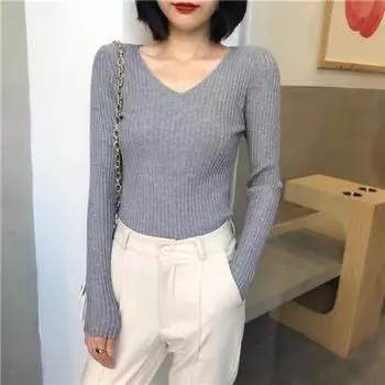 Осенние женские свитера с длинным рукавом, элегантные облегающие пуловеры с V-образным вырезом, вязаные свитера для женщин, повседневные однотонные повседневные офисные женские зимние джемперы 25360 One Size чёрный