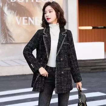 Осенние женские свободные клетчатые шерстяные твидовые пальто, двубортные винтажные куртки S