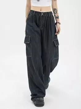Осенние женские свободные синие джинсы Harajuku Retro Y2k, новый дизайн, уличные брюки-карго в стиле хип-хоп, повседневные широкие брюки из денима в винтажном стиле S синий