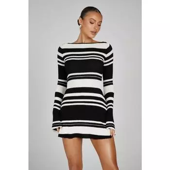 Осенние женские темпераментные расклешенные рукава с открытой спиной цветные полосатые трикотажные облегающие платья с высокой талией S розовый