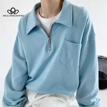 Осенние женские толстовки с длинным рукавом с отложным воротником, женские свободные повседневные толстовки с капюшоном, женские топы S синий