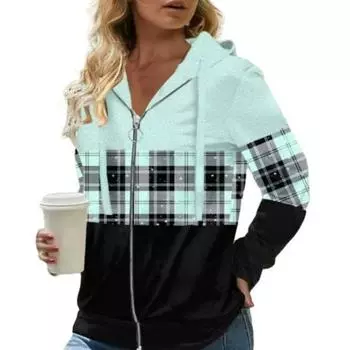 Осенние женские толстовки с капюшоном, модная куртка-кардиган с клетчатым узором на молнии и планкой, обычная посадка с длинными рукавами, повседневное пальто с капюшоном, весенне-осенняя женская одежда XXXL зелёный