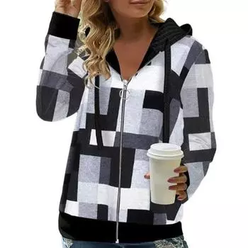 Осенние женские толстовки с капюшоном, модная куртка-кардиган с клетчатым узором на молнии и планкой, обычная посадка с длинными рукавами, повседневное пальто с капюшоном, весенне-осенняя женская одежда 2XL белый