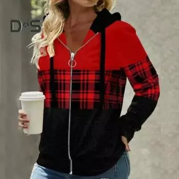Осенние женские толстовки с капюшоном, модная куртка-кардиган с клетчатым узором на молнии и планкой, обычная посадка с длинными рукавами, повседневное пальто с капюшоном, весенне-осенняя женская одежда L белый