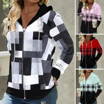 Осенние женские толстовки с капюшоном, модные клетчатые узоры, застежка-молния, кардиган, куртка, стандартный крой, длинные рукава, повседневное пальто с капюшоном 3XL зелёный