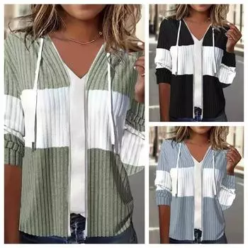 Осенние женские толстовки с капюшоном в стиле пэчворк на молнии с длинным рукавом и завязками, трикотажные изделия в полоску, женские модные свободные толстовки S светло-зеленый