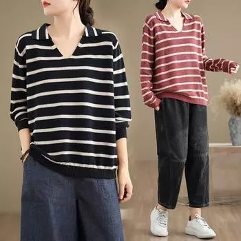 Осенние женские топы больших размеров, винтажные свитера, вязание, мода, повседневный стиль, свободный полосатый свитер One size красный