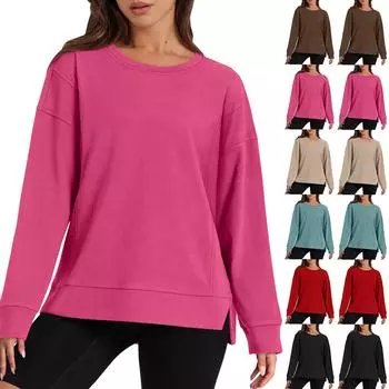 Осенние женские топы с длинными рукавами, футболки с разрезами по низу, однотонные, модные женские свитшоты L чёрный