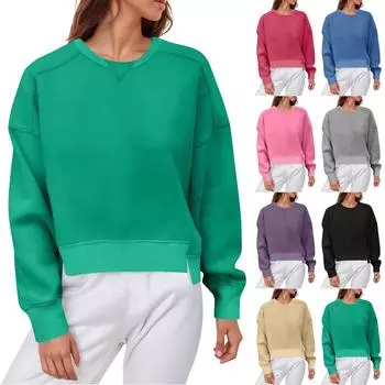 Осенние женские топы с длинными рукавами, футболки с круглым вырезом, однотонные модные женские толстовки L бежевый