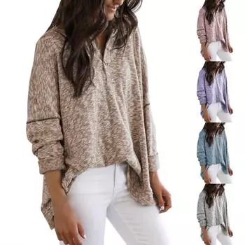 Осенние женские топы с длинными рукавами, пуловер с v-образным вырезом и пуговицами, вязаный свитер, модный однотонный женский цвет L хаки