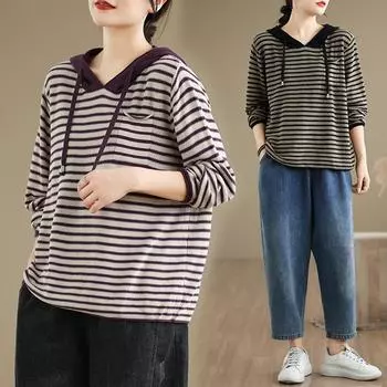 Осенние женские топы винтажные свитера с капюшоном в полоску вязание мода повседневный стиль свободный базовый свитер One Size фиолетовый