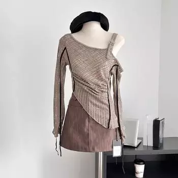 Осенние женские трикотажные изделия нестандартного дизайна Gyaru, укороченные топы с длинными рукавами, пуловеры с вырезом с разрезом, Y2k, уличная одежда, 2000-е, эстетичный винтаж S коричневый