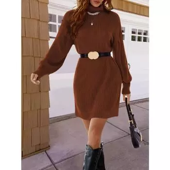 Осенние женские трикотажные платья с высоким воротом и длинными рукавами XS