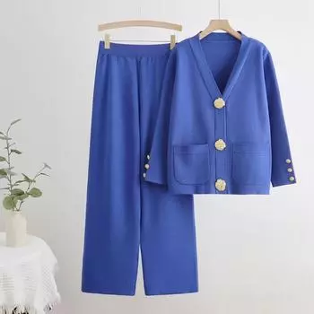 Осенние женские трикотажные свитера, большие золотые пуговицы, V-образный вырез, кардиган, пальто, Conjunto, высокая талия, мешковатые широкие брюки, костюмы one size хаки