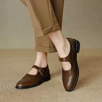 Осенние женские туфли-лодочки из натуральной кожи плюс кожаные туфли Мэри Джейн из свиной кожи с резьбой по дереву 35 чёрный