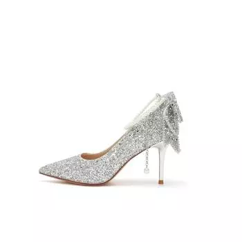 Осенние женские туфли-лодочки Роскошные туфли-лодочки со стразами, бантом, пайетками, цепочкой из жемчуга Удобные туфли на высоком каблуке Женская обувь для вечеринки и свадьбы 35