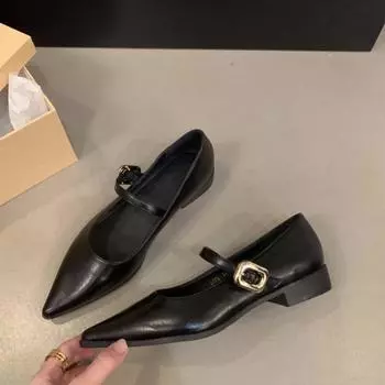 Осенние женские туфли-лодочки с острым носком на среднем каблуке для женщин, уличные туфли, туфли с пряжкой на ремешке, неглубокие женские мокасины, туфли без застежек 35