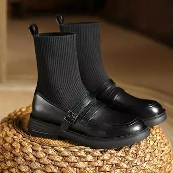 Осенние женские туфли Мэри Джейн на низком каблуке, новые сапоги-носки больших размеров на толстом каблуке для женщин, туфли в стиле Лолиты, женские сапоги до середины голени 35