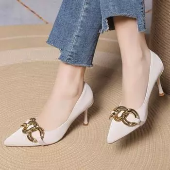 Осенние женские туфли на каблуке, новые металлические цепочки, острый нос, тонкий каблук, женские туфли D Orasy, вечерние туфли на высоком каблуке для женщин 35 бежевый