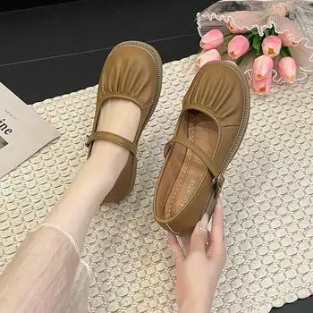 Осенние женские туфли на плоской подошве, модные плиссированные туфли с круглым носком, балетки без застежек, мягкие балетки на плоской подошве, туфли Мэри Джейн 35