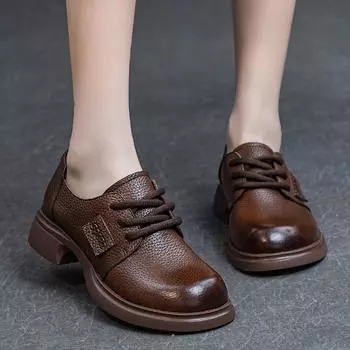 Осенние женские туфли на шнуровке из мягкой коровьей кожи 2023 г. — толстый каблук средней высоты, мягкая подошва, глубокий вырез — всесезонная одежда. 39 темно-коричневого