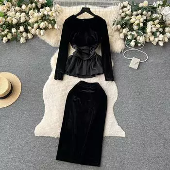Осенние женские винтажные черные бархатные деловые наряды с длинными рукавами и оборками, топы, блузка и облегающая юбка-футляр, комплект из двух предметов для офисной работы S чёрный
