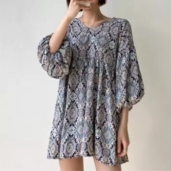 Осенние женские винтажные цветочные принтованные мини-платья с V-образным вырезом и рукавами-фонариками в тренде one size темно-синий