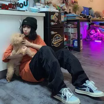 Осенние женские винтажные джинсы Harajuku, черные повседневные корейские уличные стили, уличная одежда для подростков, дизайнерские свободные широкие джинсы, брюки M чёрный