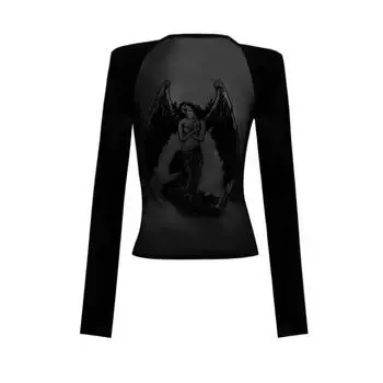 Осенние женские винтажные готические футболки с круглым вырезом в стиле Харадзюку с графическим рисунком, прозрачные футболки, укороченные топы с длинными рукавами Cyber Gyaru Y2k Grunge S чёрный