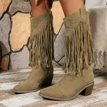 Осенние женские винтажные сапоги с бахромой, высокие до колена, на низком толстом каблуке, с острым носком, зимние сапоги, высококачественные женские ковбойские сапоги в стиле вестерн 36 чёрный