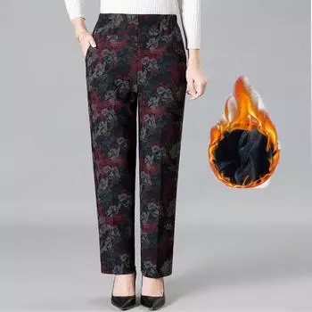 Осенние зимние брюки для женщин среднего возраста с принтом, эластичные, с высокой талией, повседневные брюки, прямые брюки, большие размеры для бабушки XXXL