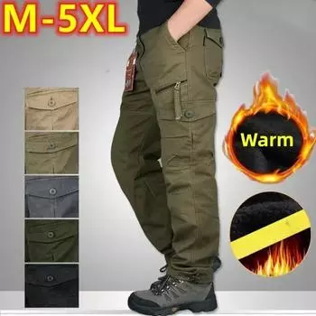 Осенние зимние брюки мужские двухслойные флисовые брюки-карго водонепроницаемые комбинезоны повседневные толстые теплые брюки-карго мешковатые длинные брюки военные рабочие брюки 2XL армия зеленый