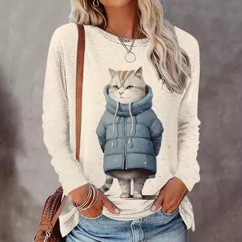 Осенние/зимние футболки с длинным рукавом для женщин с забавным принтом животных, женские кавайные свитера с круглым вырезом, женская одежда, модные топы, новые S