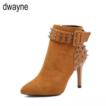 Осенние зимние женские сапоги на молнии на высоком каблуке модные сексуальные ботильоны с острым носком на высоком каблуке Botas Mujer Rivet jkm 34