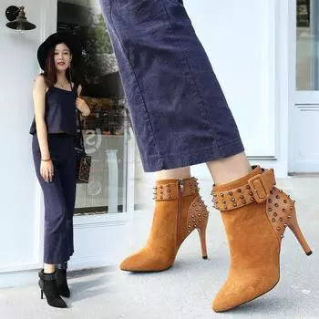 Осенние зимние женские сапоги на молнии на высоком каблуке модные сексуальные ботильоны с острым носком на высоком каблуке Botas Mujer Rivet jkm 34