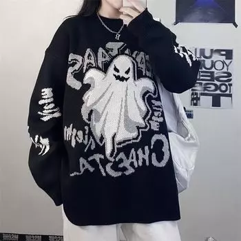 Осенний академический стиль Новый Diablo Harajuku Style Ghost Alphacard Retro Loose Thicked Design Knitwear S чёрный