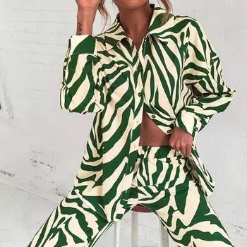 Осенний элегантный топ с длинными рукавами и эластичные брюки с высокой талией, брючные костюмы, свободные полосатые женские рубашки, брюки, комплект из двух предметов S чёрный