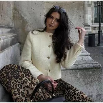 Осенний элегантный твидовый пиджак женский винтажный шерстяной однобортный с круглым вырезом и длинным рукавом короткие пальто повседневная женская верхняя одежда S бежевый