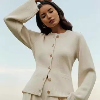 Осенний элегантный вязаный кардиган с длинным рукавом, женский свитер, зимний круглый вырез, винтажные шерстяные свитера, кардиганы с карманами, облегающий трикотаж 25339 XS слоновая кость