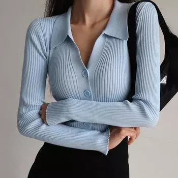 Осенний элегантный вязаный кардиган, свитер, женские кардиганы с v-образным вырезом и длинными рукавами, топы с отложным воротником, тонкая женская зимняя одежда 24019 One Size небесно-голубой