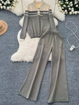 Осенний элегантный вязаный свитер, комплект из двух предметов, женский шикарный узкий топ с лацканами + свободные брюки с высокой талией, повседневные винтажные костюмы, новинка 2024 г. One Size чёрный