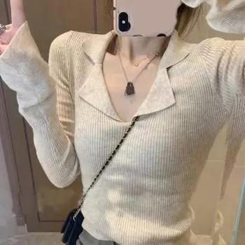 Осенний элегантный женский свитер-пуловер, новая модная рубашка с длинным рукавом, трикотаж, повседневный топ, женский облегающий трикотажный свитер, одежда 1319 S чёрный