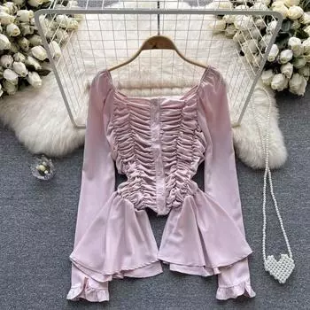 Осенний элитный нишевый дизайн, плиссированный тонкий короткий шикарный топ с длинными рукавами и оборками