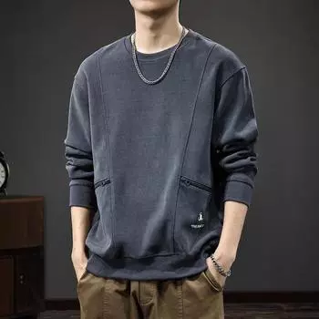 Осенний американский инструментальный мужской свитер с карманом на молнии, модный брендовый ретро-топ, толстый свободный круглый вырез, пуловер, куртка M серый