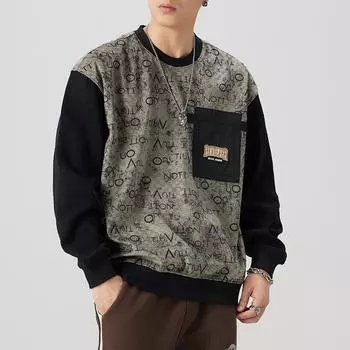 Осенний американский карманный ретро тяжелый свитер с круглым вырезом мужской свободный большой размер молодежная верхняя одежда модный бренд M хаки