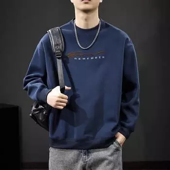 Осенний американский модный брендовый мужской свитер с буквенным принтом, свободный повседневный свитер с круглым вырезом и длинными рукавами M тёмно-синий