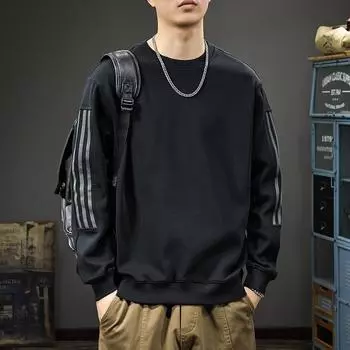 Осенний американский модный брендовый полосатый мужской свитер с круглым вырезом, спортивный топ, свободный большой размер, повседневная куртка M чёрный