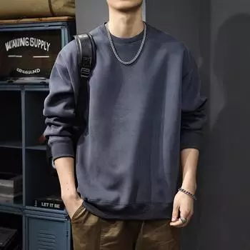 Осенний американский однотонный мужской свитер с круглым вырезом, утолщенный топ, осенне-зимний свободный пуловер, повседневная куртка M небесно-голубой