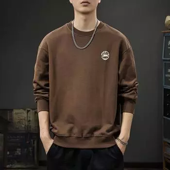 Осенний американский повседневный принтованный свитер, мужской, плотный свободный топ с длинными рукавами и круглым вырезом, нижняя рубашка M коричневый